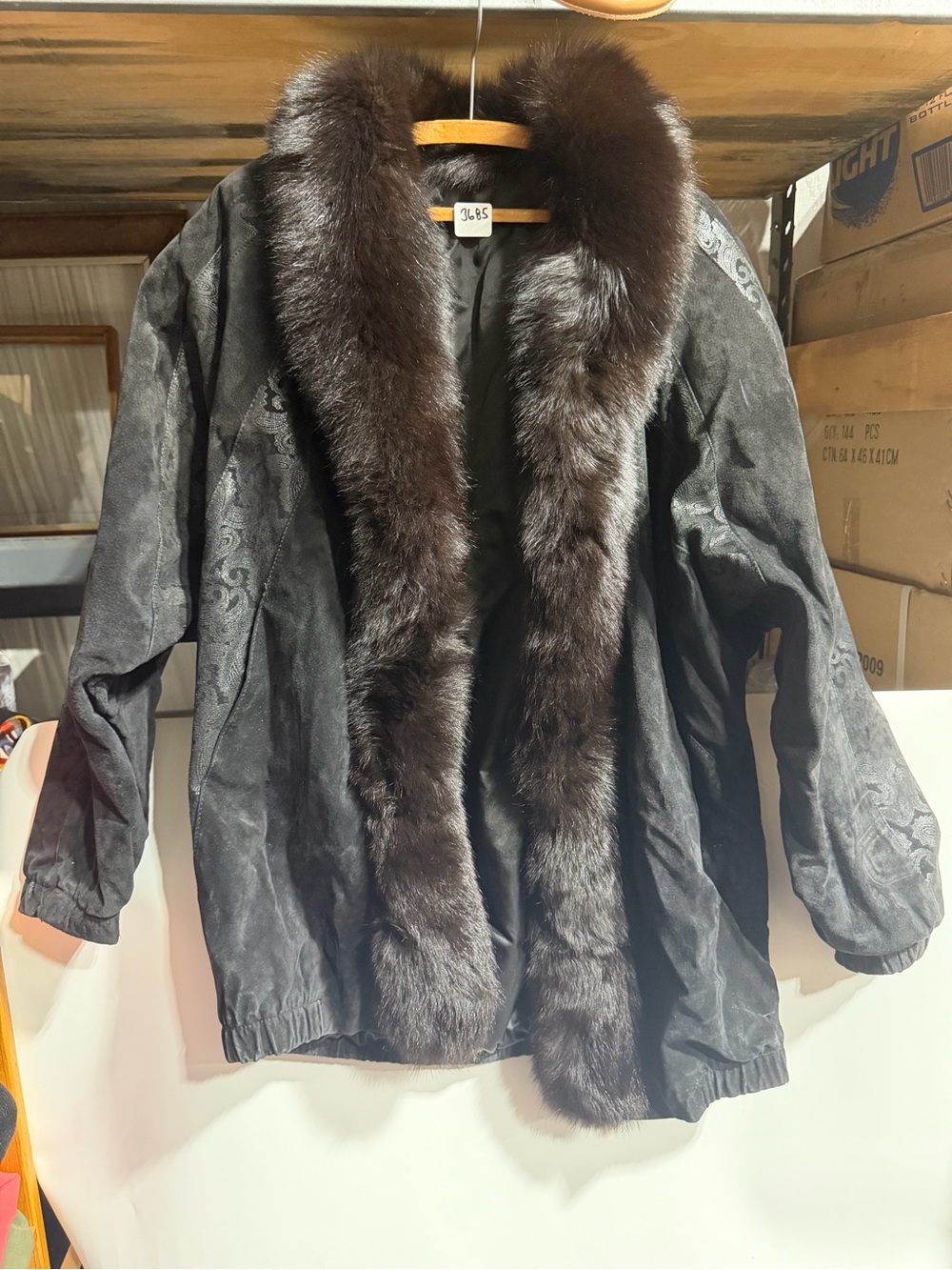 #3685-Black Coat with Brown Fur Trim